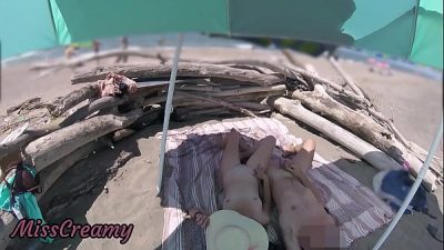 #2 Voyeur watching us while my hot wife masturbating and cumshot cock in nudist beach public – Risky Public Sex – Caught Handjob by stranger – MissCreamy