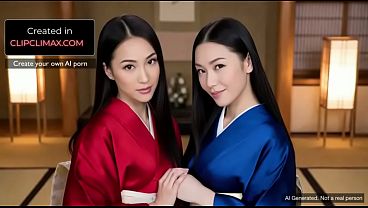 AI Generated Two Japanese Girls in Kimono Share American Tourist – Double Blowjob & Threesome