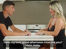 Blonde Busty Nympho Seduces A Young Guy In The Kitchen