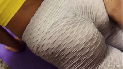 Horny couple can’t wait long after workout and husband rips a hole into wifes pants to get into her hole