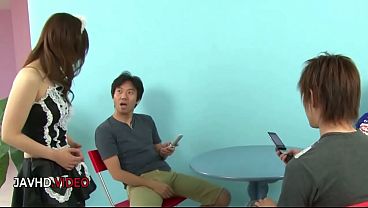 Sultry Asian Maid Gives Blowjob To Two Men With Miku