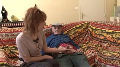 Trashy Redhead Has Threesome With Young And Old Man